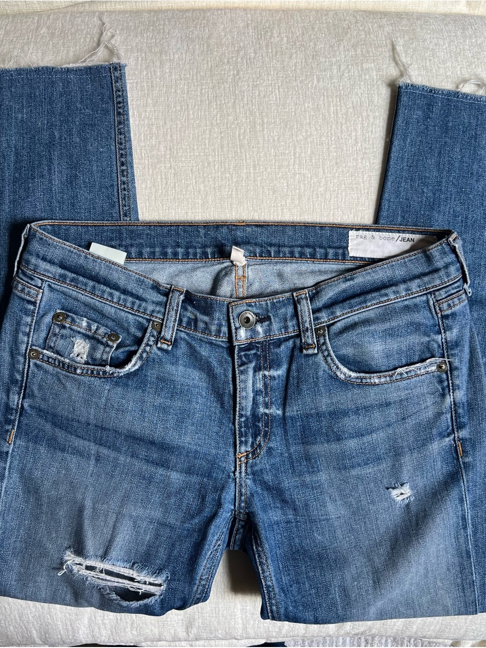 rag & bone Skinny Jeans in Mid Blue with Distressed Details